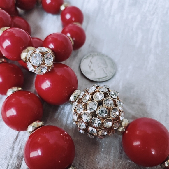 Stephan & Co Lipstick Red Acrylic Round Bead Bracelet and Necklace Rhinestones - Picture 6 of 10